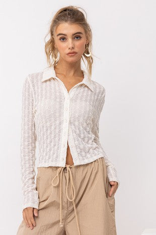 Textured Knit Long Sleeve Button Up
