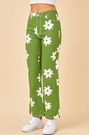 Green Daisy Print Jeans