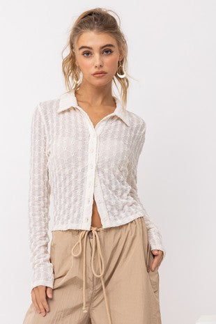 Textured Knit Long Sleeve Button Up